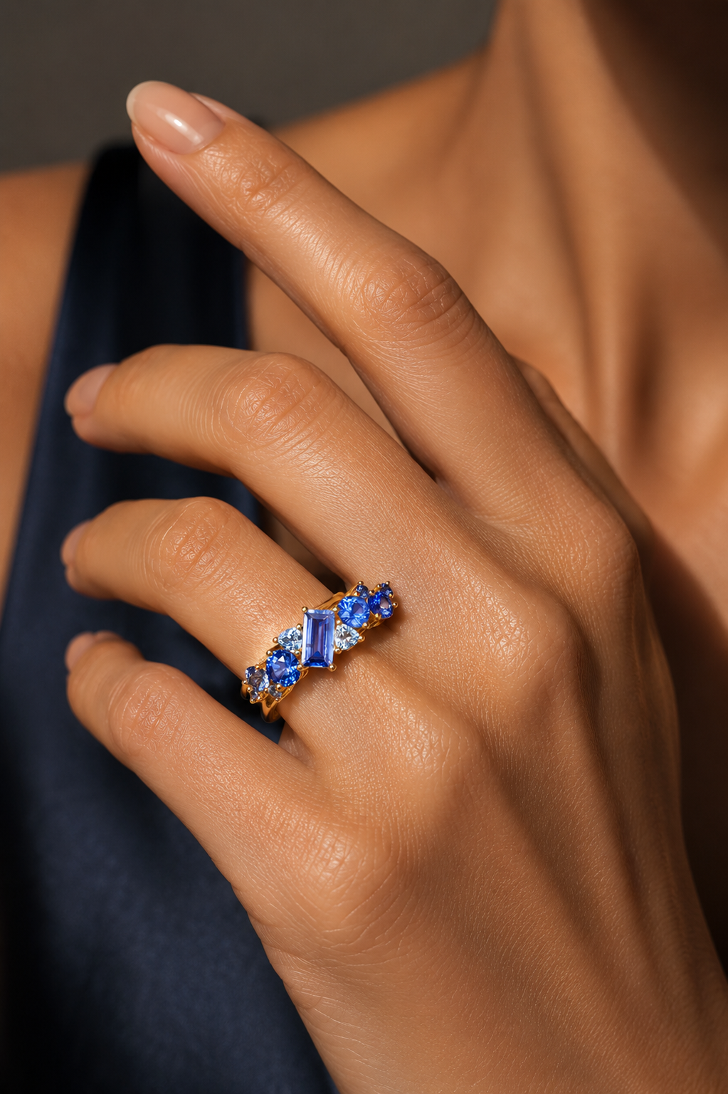 Blue Sapphire Cluster Ring — Baguette Cut Elegance for Women
