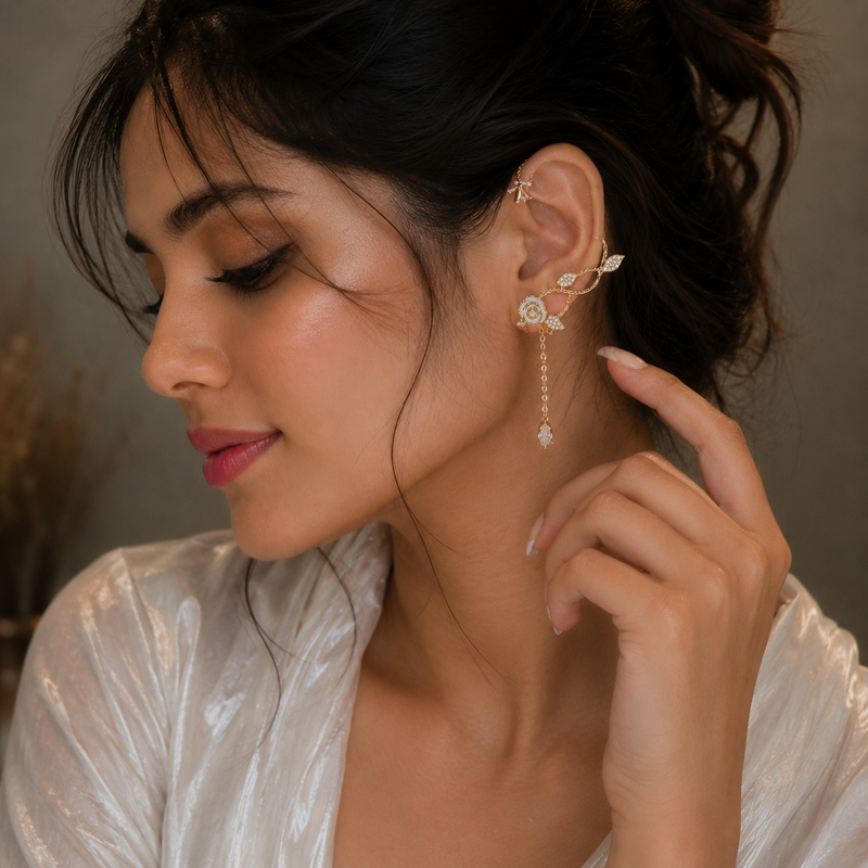 Flower Ear Cuff with Crystal Chain Drop for Women