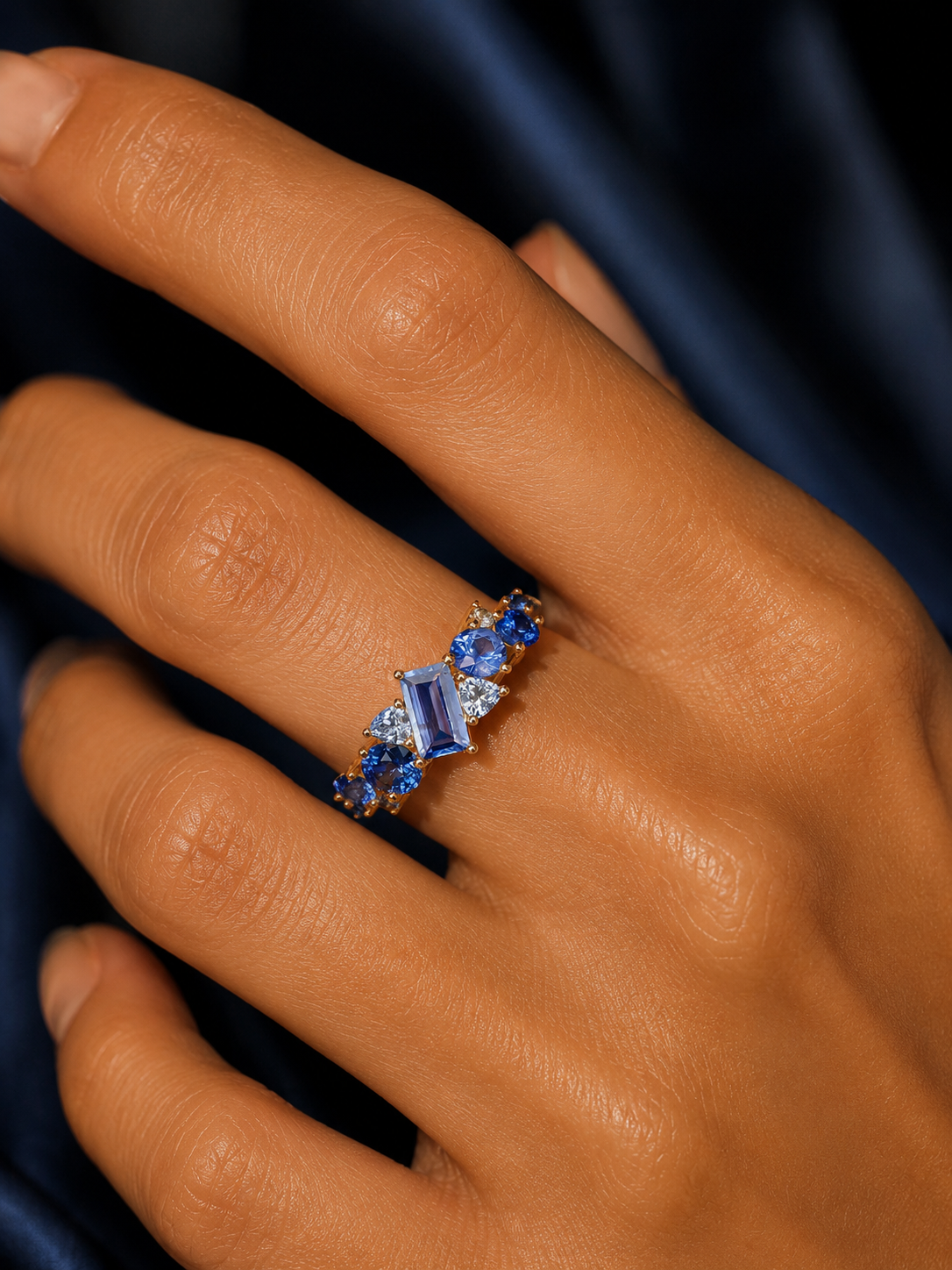 Blue Sapphire Cluster Ring — Baguette Cut Elegance for Women
