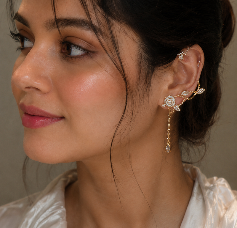 Flower Ear Cuff with Crystal Chain Drop for Women