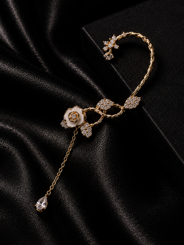 Flower Ear Cuff with Crystal Chain Drop for Women