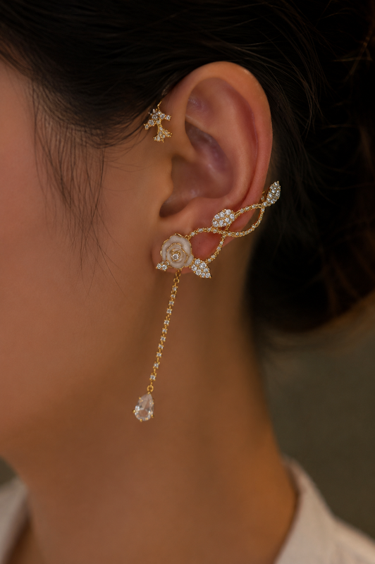 Flower Ear Cuff with Crystal Chain Drop for Women