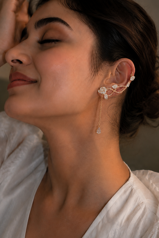 Flower Ear Cuff with Crystal Chain Drop for Women