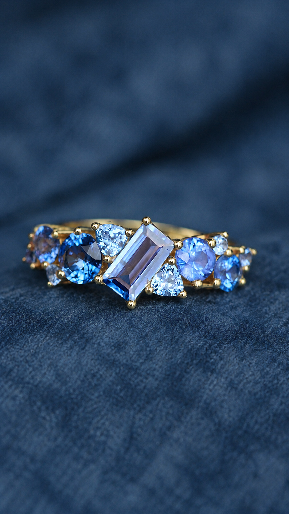 Blue Sapphire Cluster Ring — Baguette Cut Elegance for Women