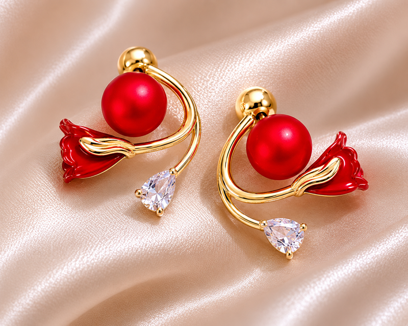 Red Tulip Stud Earrings | Floral Earrings for Women