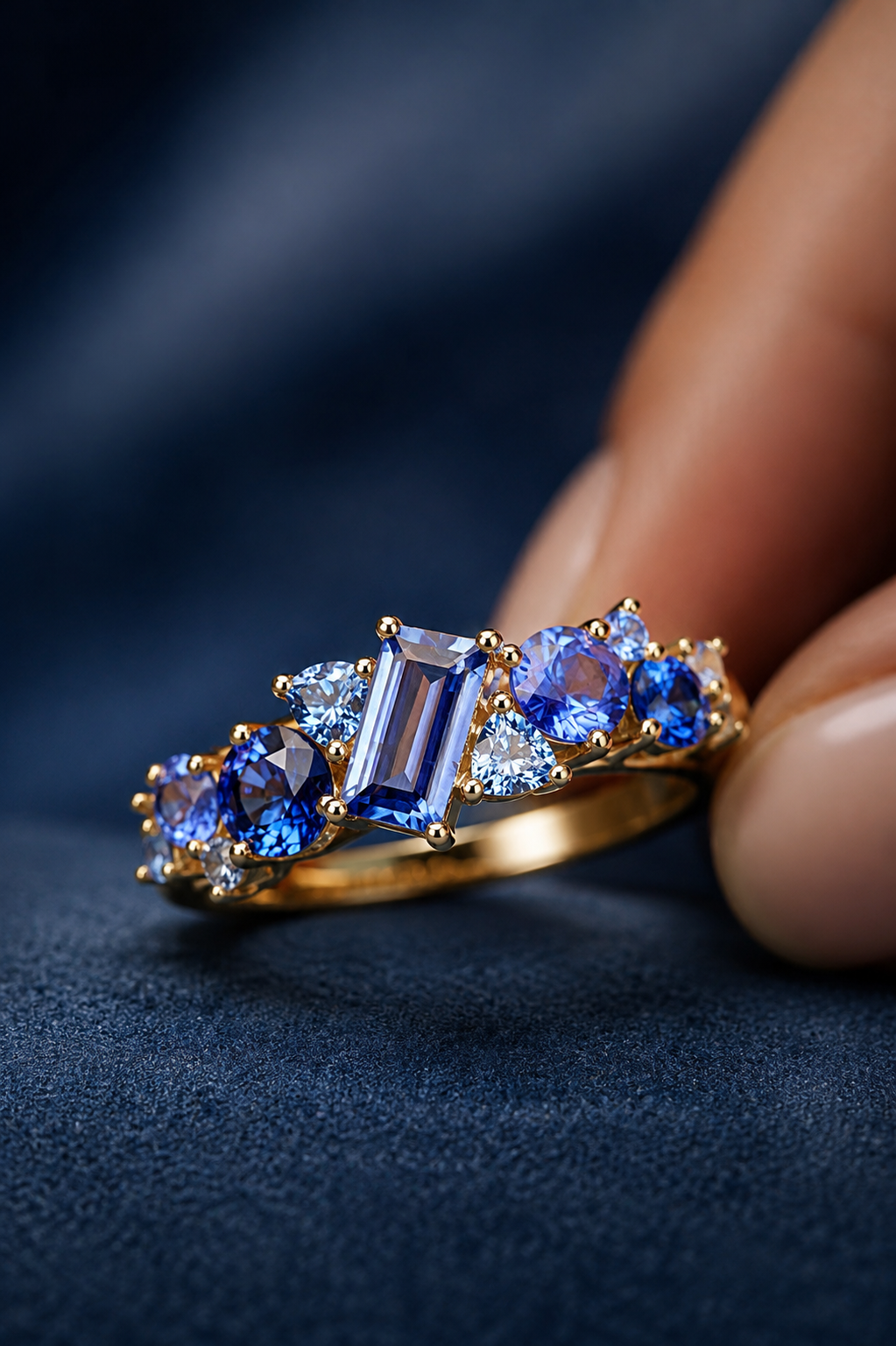 Blue Sapphire Cluster Ring — Baguette Cut Elegance for Women